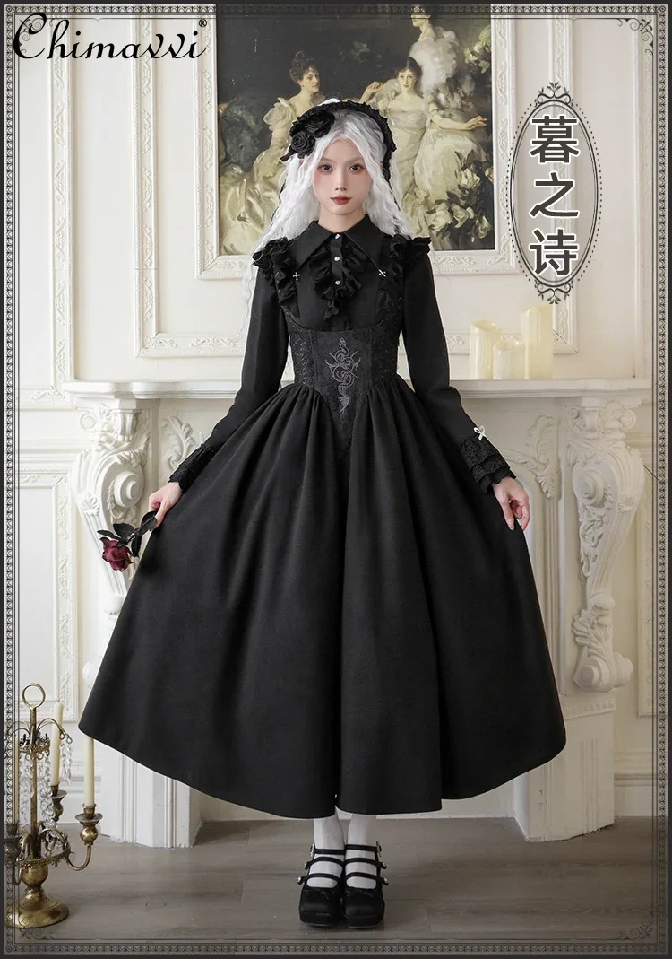 Original Design Gothic Cross Snake Embroidery Pendulum Lolita Breast Dress Long Sleeve Shirt 2-piece Spring Ladies Dress Sets