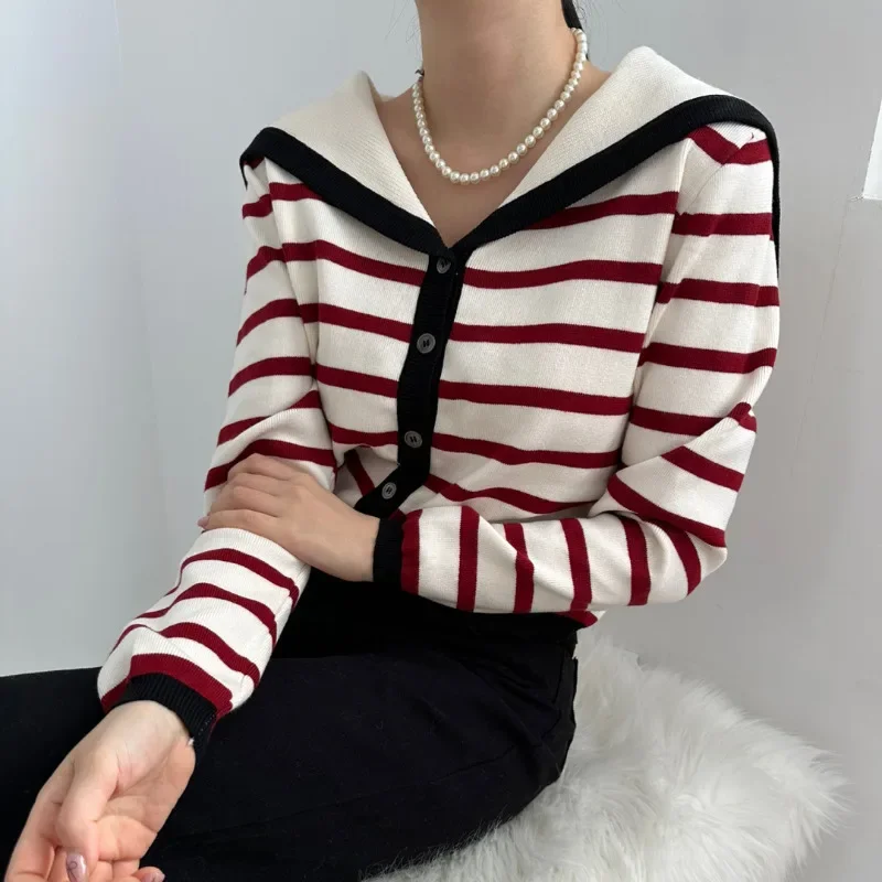 Neploe Fashion Sailor Collar Striped Knitted Cardigan 2024 Autumn Winter New Tops Women Y2k Slim Fit Swetry z długim rękawem