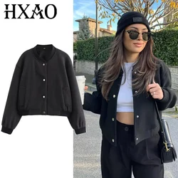 HXAO Women's Jackets Outerwears Black Bomber Jacket Women Cropped Faux Wool Coats For Woman Autumn Long Sleeve Winter Coat