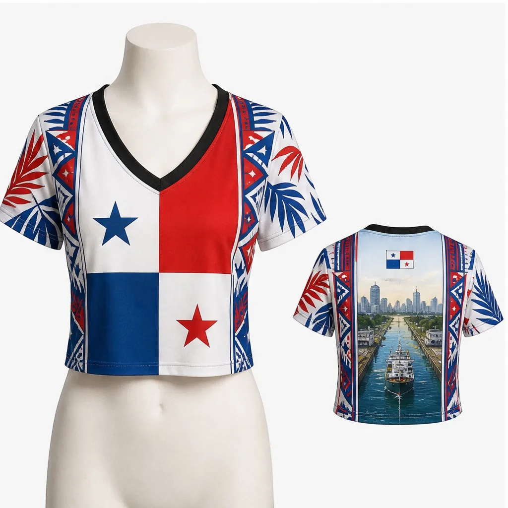Womens Panama V Neck Short Sleeve Crop Top Flag Star Tropical Canal Graphic Casual Summer Shirt for Street Travel and Daily Wear