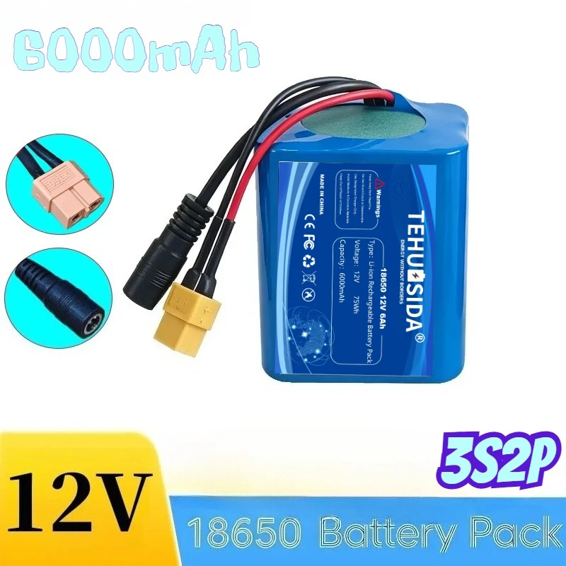 12V 6000mAh 3S2P 18650 Li-ion Rechargeable Battery Pack with BMS Backup Power Supply for CCTV Monitor Bluetooth