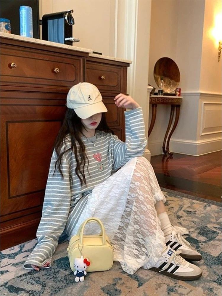 

Lace Skirts Women Spring Long Irregule Ruffles Side Fairy Temperament Style Loose Retro High Elastic Waist Sweet Ins Slim Cozy