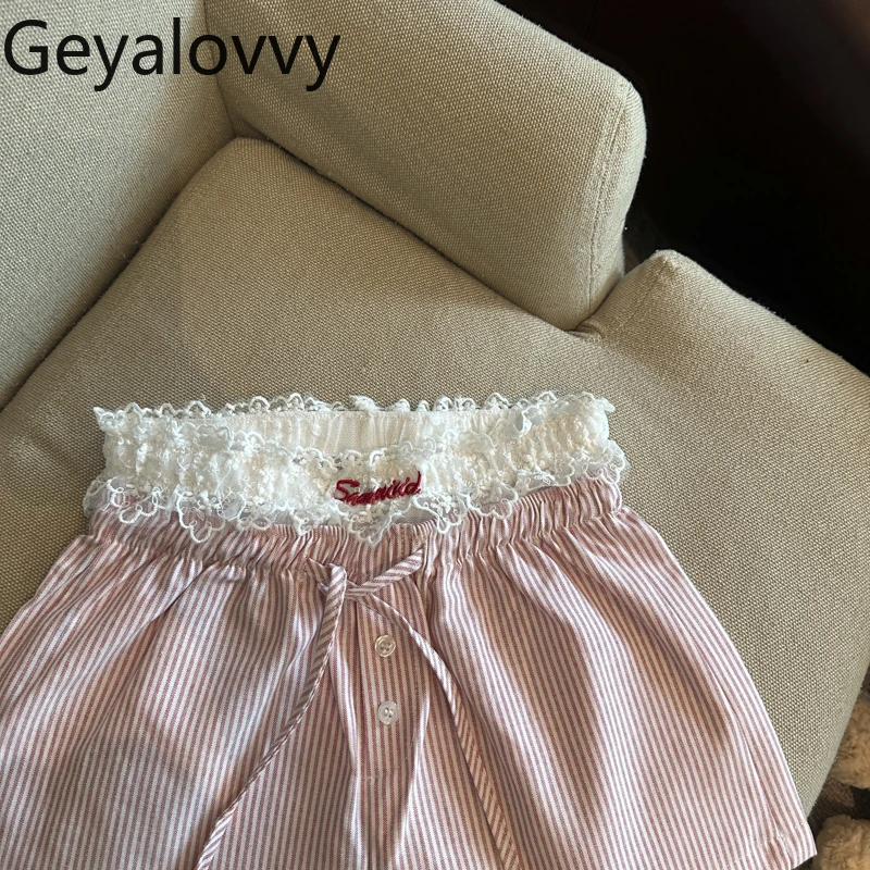 2025 Summer New Female Lace Splicing Casual Shorts Summer Vertical Sweet Striped High Waist Drawstring Wide Leg Short Pants