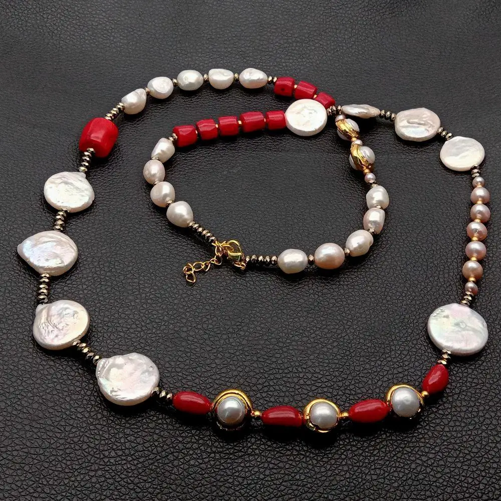 

fashion jewelry natural Freshwater White Pearl Red Coral tube Hematite Long Necklace 33'' Handmade Jewelry For Women Gift