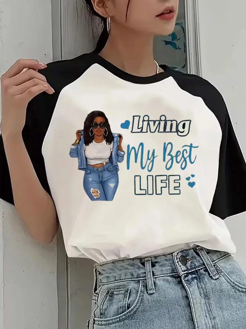 Damen-T-Shirt mit Aufdruck „Living My Best Life“, kurzärmelig, lässiges Grafik-T-Shirt, lustiges, lässiges T-Shirt, Rundhals-T-Shirt, Kleidung
