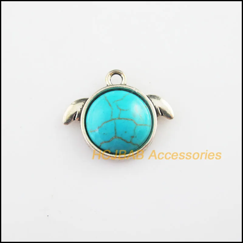 Fashion 10Pcs Tibetan Silver Plated Wings Round Blue Stone Charms Pendants 20x24mm