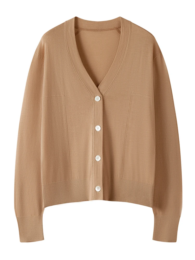 اختيار 2025 جديد شيك المرأة الأساسية الخامس الرقبة سترة سترة لينة نعمة 100% ميرينو الصوف تريكو الإناث ربيع الخريف الملابس القمم