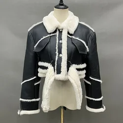 Genuine Sheepskin Shearling Coats Women Real Leather Jacket Thick Warm Winter Stand Collar Crop Jacket NOB5893