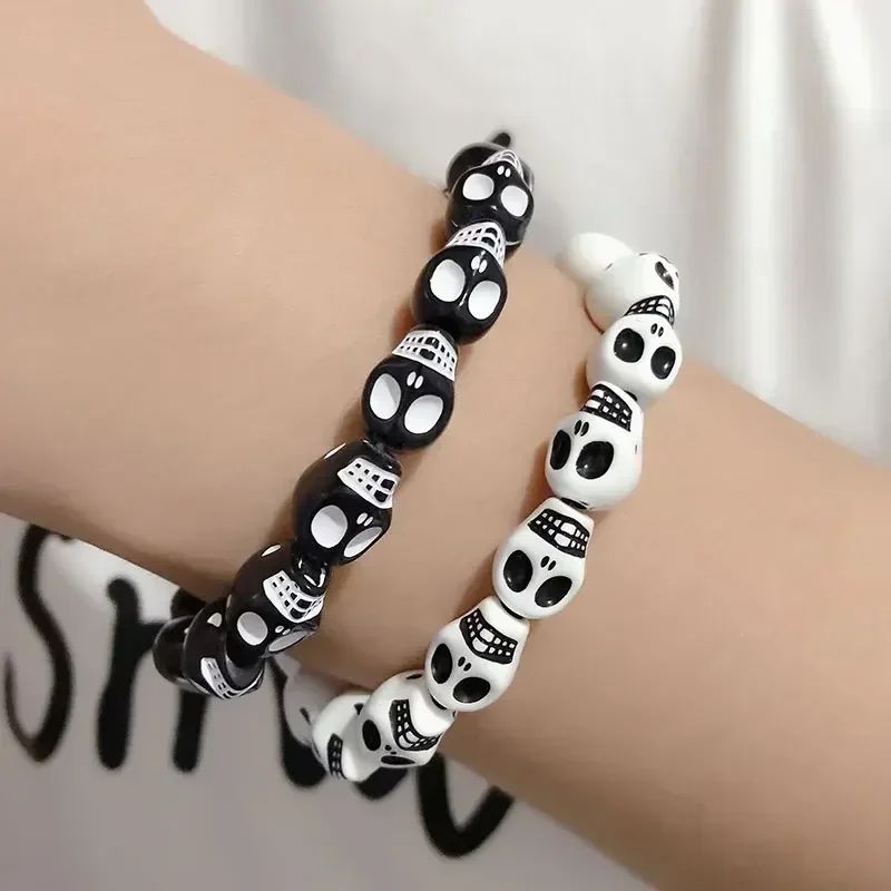 Punk Goth Skull Skeleton Bracelets for Women Men Hip Hop Elastic Beaded Bracelets Bangles Handmade Halloween Jewelry