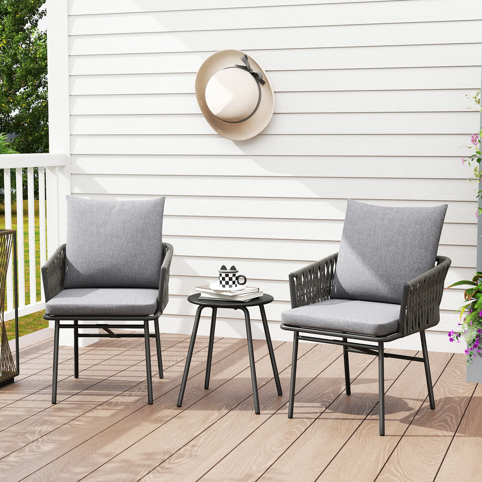 3-Piece Rattan Bistro Set, Garden Table and Chairs with 4 Cushions, Grey