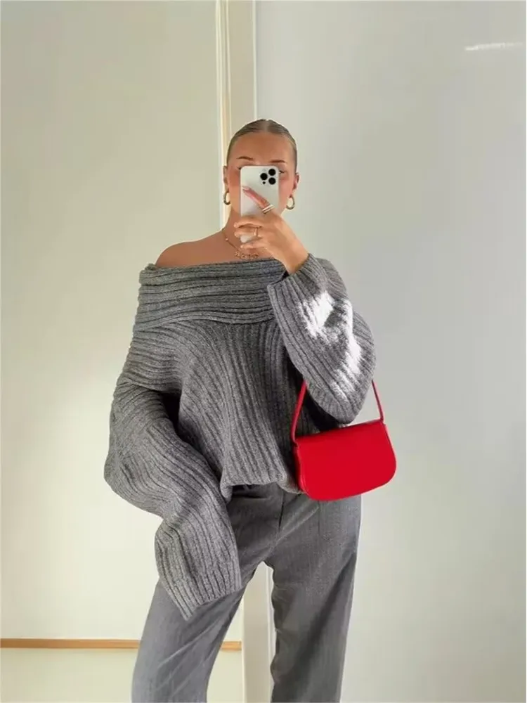 HipSeam Women's Knit Top New 2026 Autumn Casual Lazy Style off-the-shoulder Long Sleeve  Female Pullover Lady Chic Sweater