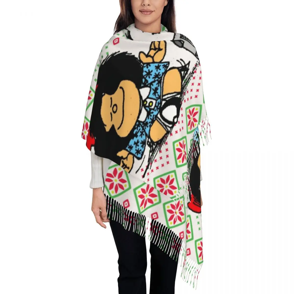 

Женские большие рождественские шарфы с героями мультфильмов Mafalda, женские зимние мягкие теплые шаль с кисточками, цветной шарф с комиксами и юмором