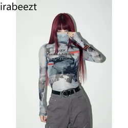 Irabeezt T-shirt for Women Mesh Bottom Slim Fit Printed TShirt Sun Protection Thin Long Sleeve T Shirt Lady's Fashion Clothes