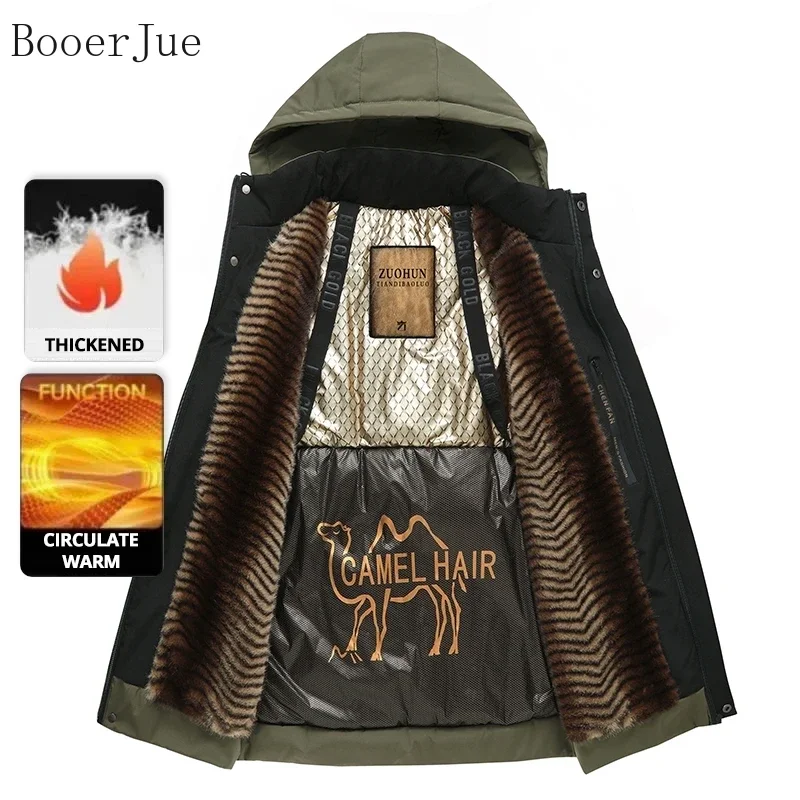 Graphene Camel Fleece Lining Men's Winter Parka Three-Proof Fabric Strong Warm Windproof Casual Thick Outer Camping Hiking Coat