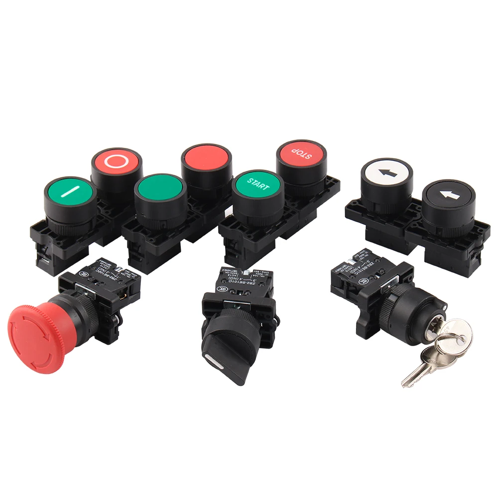 22mm Plastic Buttons Black 1NC 1NO Momentary Self-Reset Flat Push With Mark Switch emergency Stop start 250VAC spin rotate