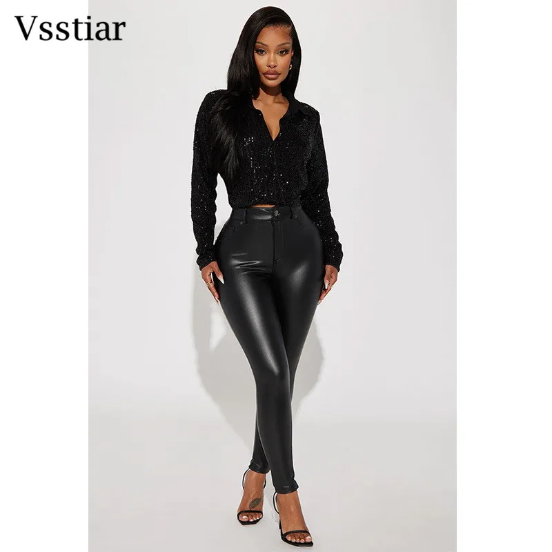 Vsstiar 2023 Fashion Sequins Women Shirts Turn-down Collar Long Sleeve Elegant Tops Winter Party Clubwear Glitter Blouse Female