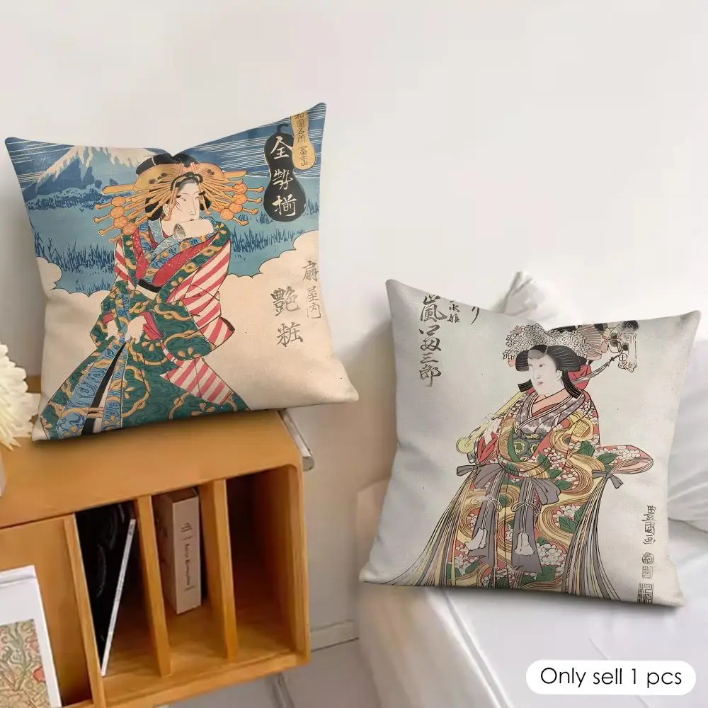 Retro Japanese Geisha Cushion Cover Silky Short Plush Invisible Zipper Dustproof Sofa Pillow Case For Home Decor