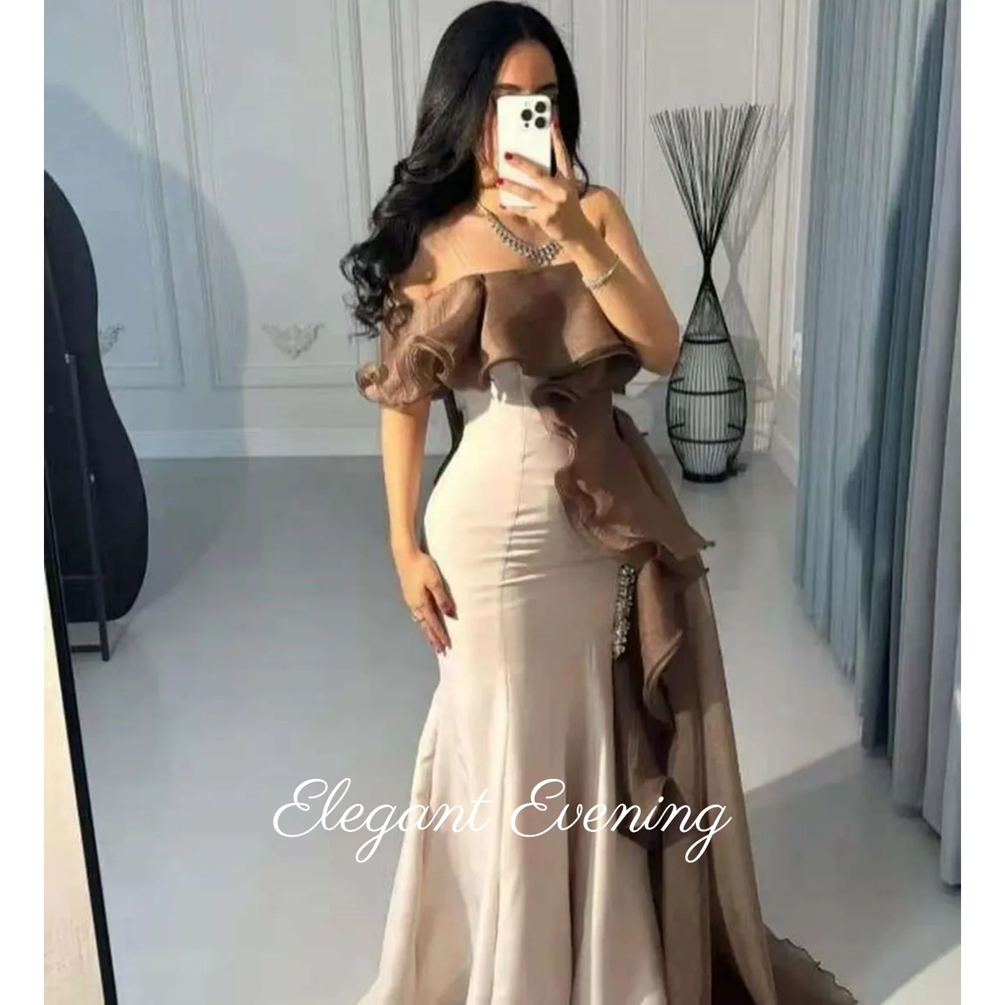 

Beige Strapless Prom Dress with Overskirt Elegant Dubai Mermaid Evening Dresses Saudi Arabia Women Wedding Dresses Customized