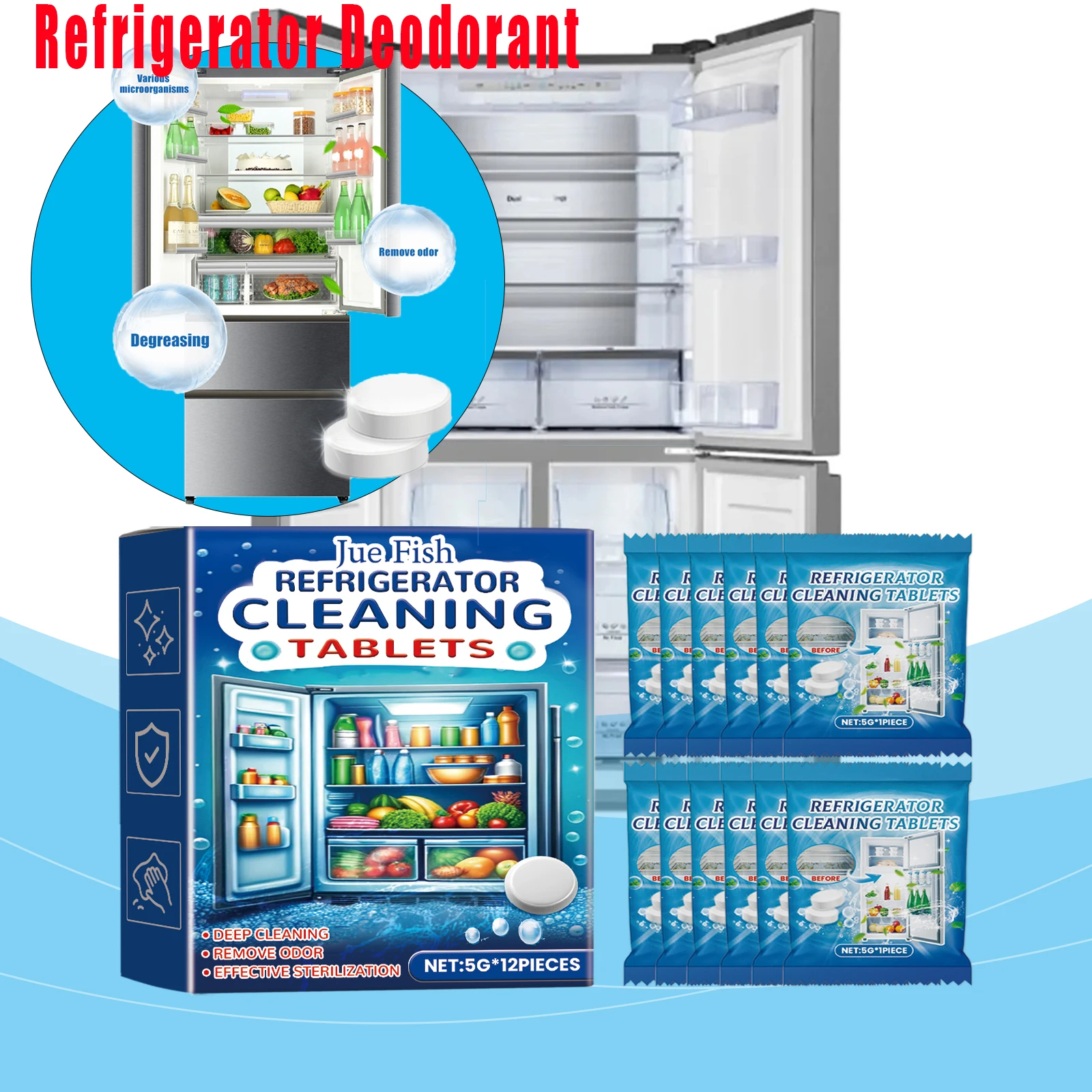 

12pc Refrigerator Deodorant Household Kitchen Cleaning Foam Tablets Powerful Oil Stain Remover Freezer Air Purifier OdorAbsorber