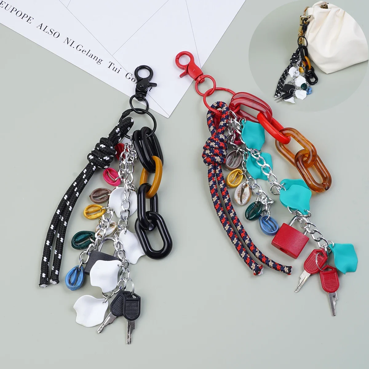 Handmade Acrylic Ring and Lock Shape Bag Accessories key Chain for Women New Stylish DIY Phone Case Charms and Purse Decorations
