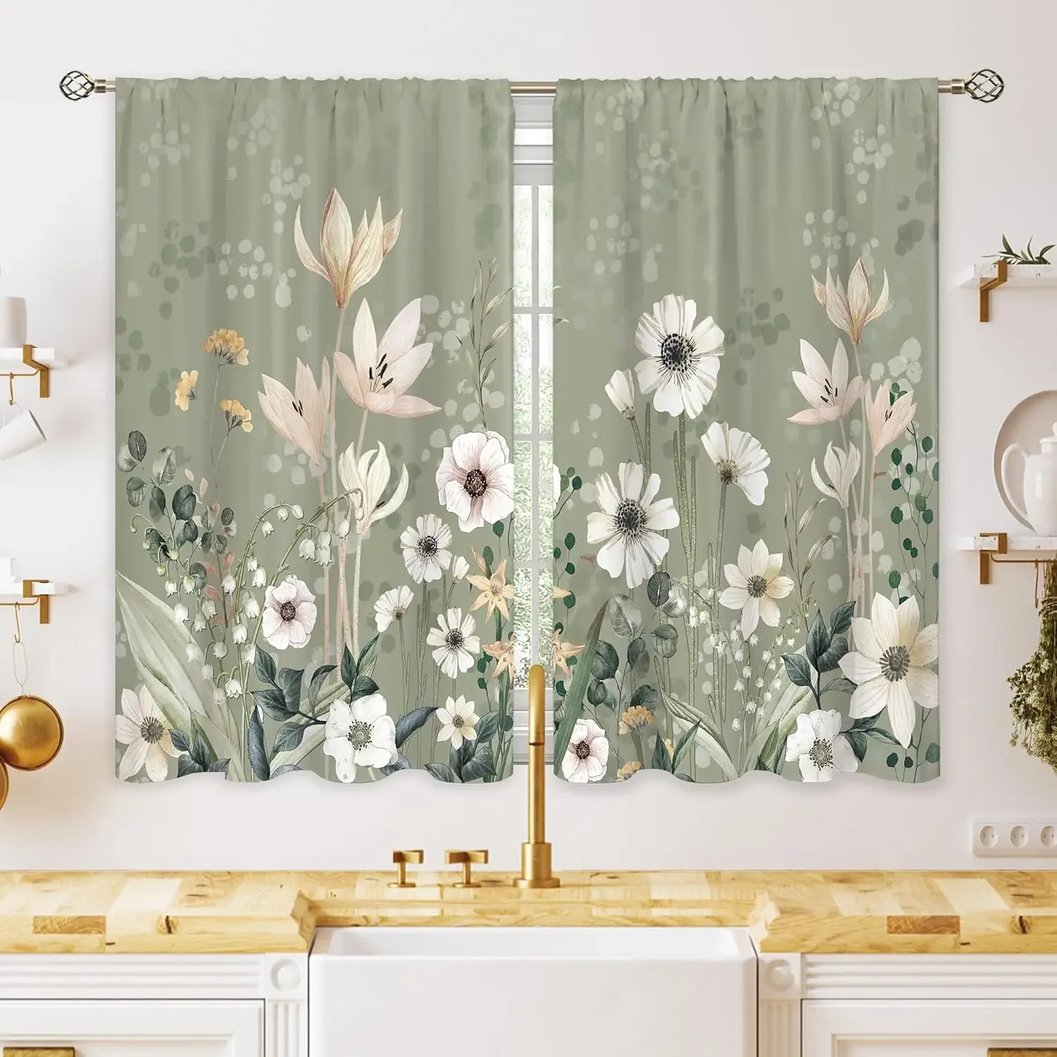 2Pcs Green Boho Floral Curtains Botanical Plant Rod Pocket Short Cafe Style for Kitchen Window Home Decor