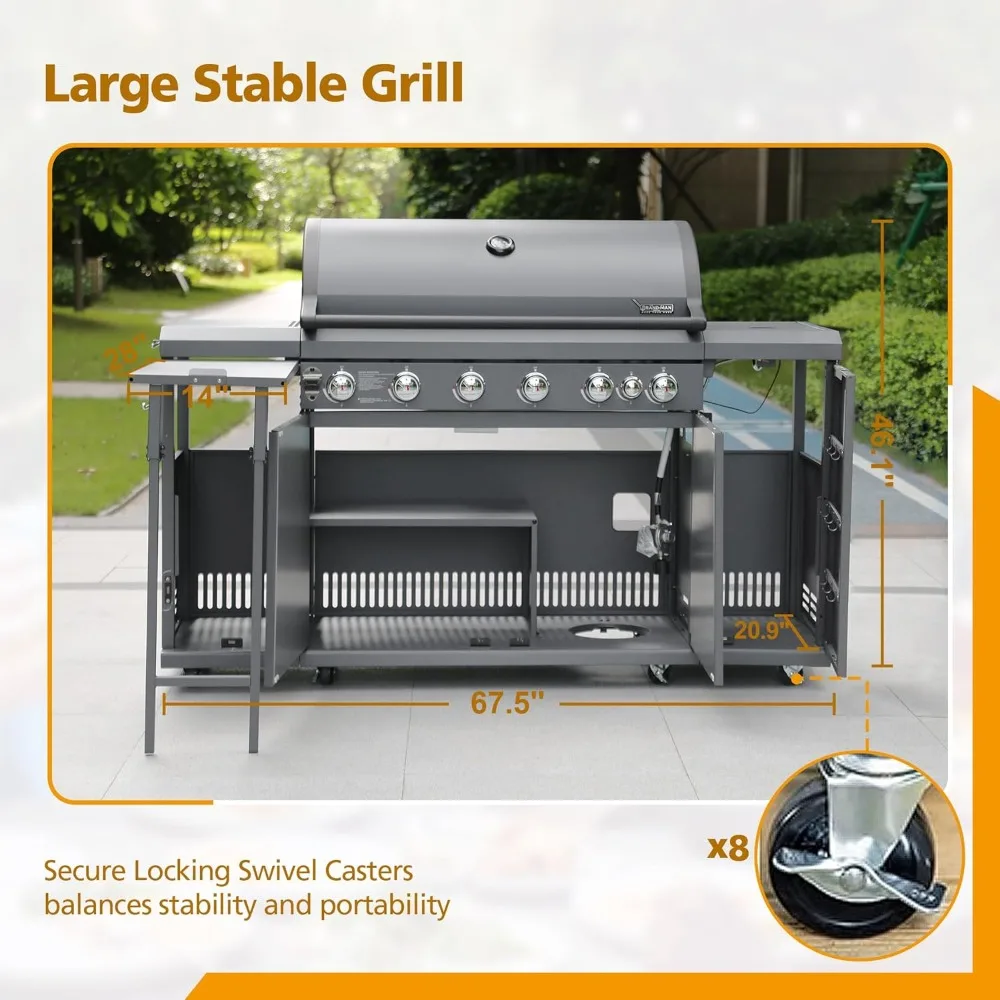 6-Burner Gas Grill Outdoor Kitchen Island, for Patio Backyard Cooking , 72000 BTU Cabinet Style Propane Barbecue Grill