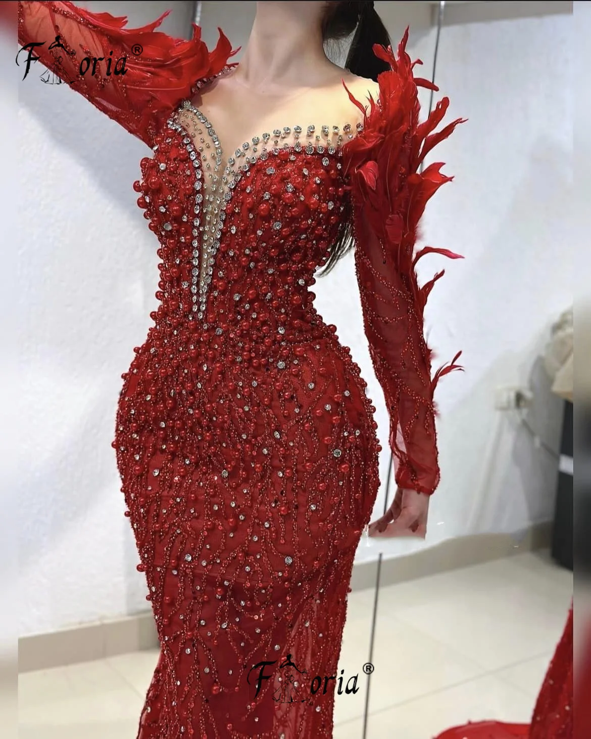 Luxury Red Mermaid Party Dresses Beaded Feathers Customized Evening Ceremony Dress Long Sleeve Prom vestidos de ocasión formales