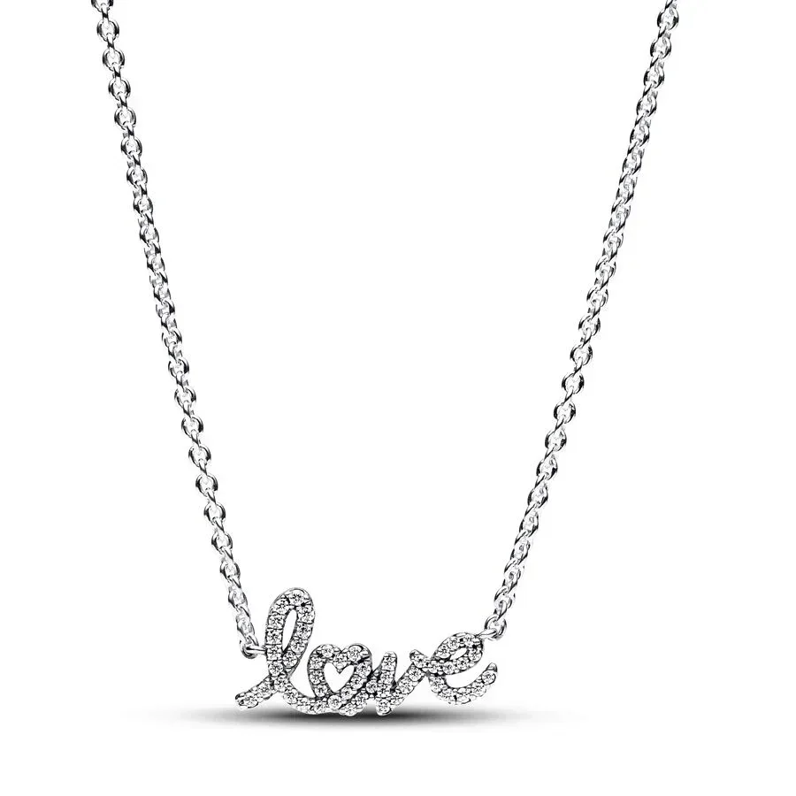 

100% 925 Sterling Silver Sparkling Handwritten Love Collier Necklace for Women Chain Necklaces Original Jewelry Free Shipping