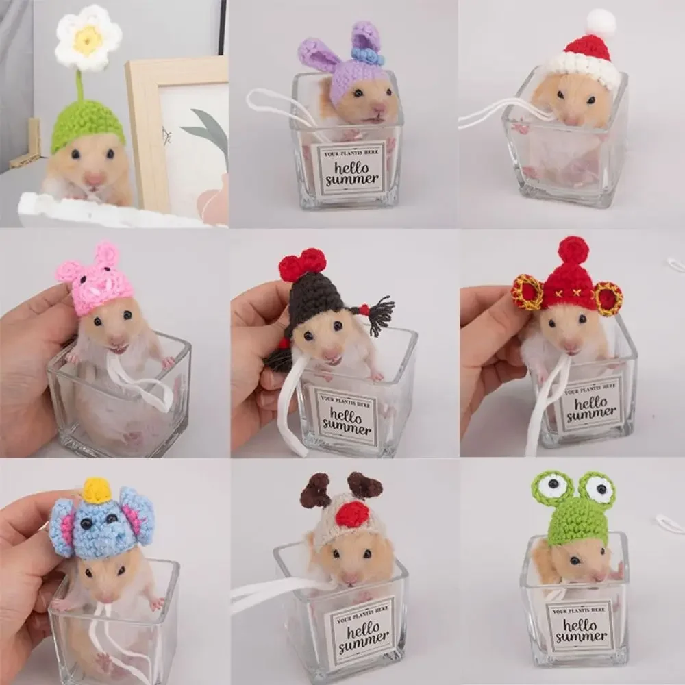 

Portable Cartoon Hamster Hat Soft Adjustable Pet Knitted Hat Handmade Hamster Headwear Photograph