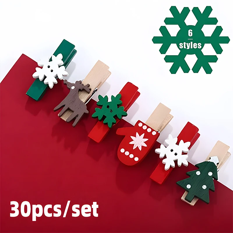 30pcs Christmas Wooden Clips Christmas Tree Photo Clips Pendant Elk Gloves Snowflake Clothespins DIY Photo Pegs for New Year