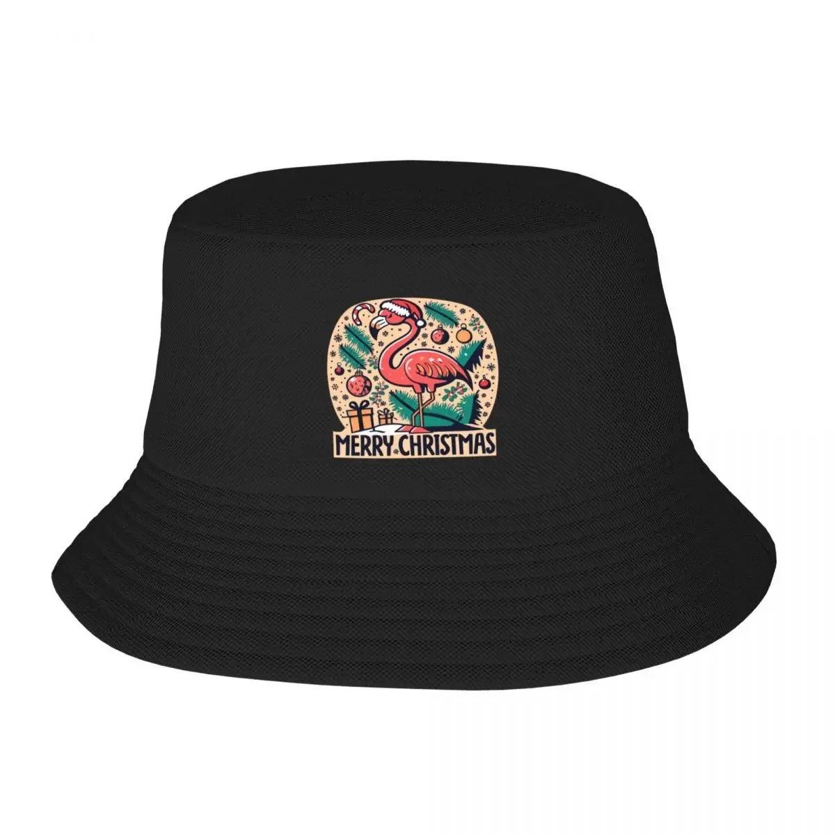 Nuevo y lindo flamenco rosa con un gorro navideño y rodeado de cosas navideñas, sombrero tipo pescador, sombrero para golf, sombrero para mujer y hombre
