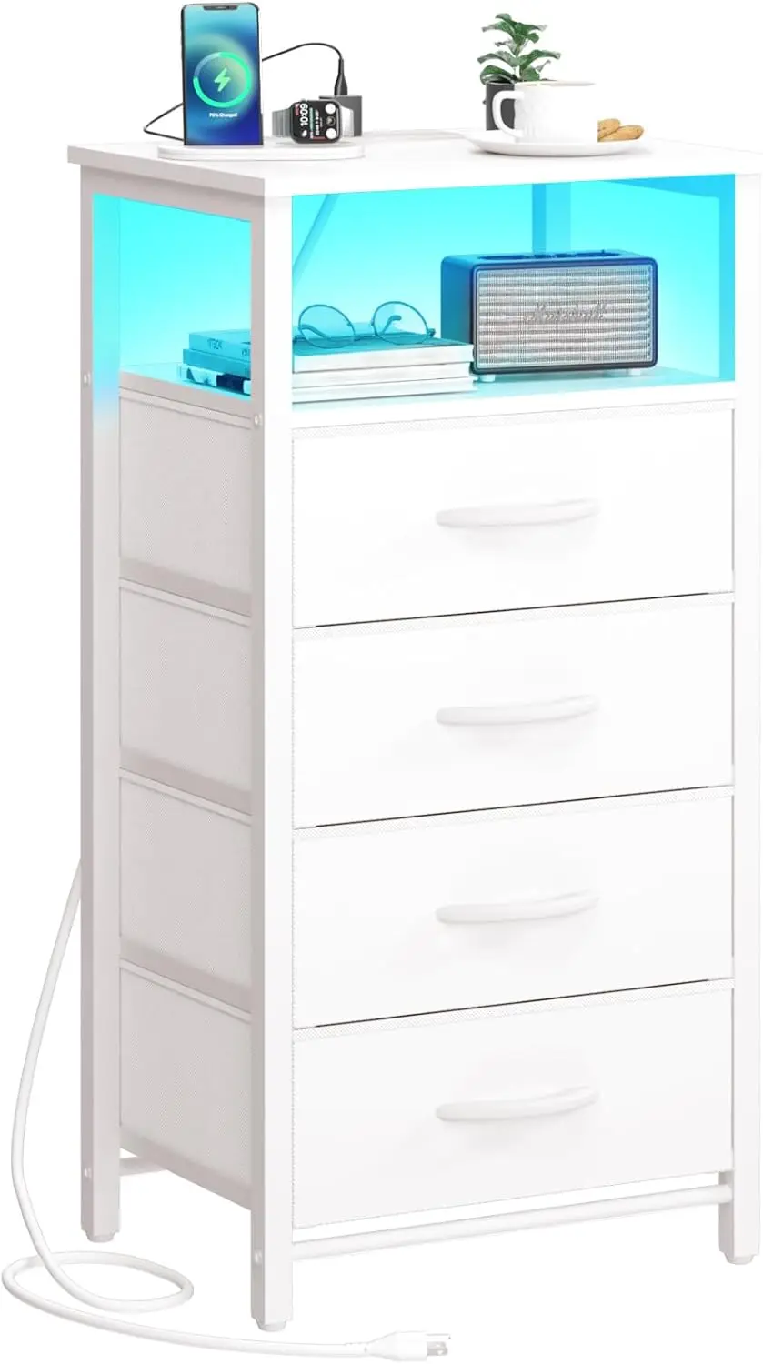 

White Nightstand - Small Dresser for Bedroom, LED Night Stand with Charger Station, Bedside Table with 4 Fabric Drawers and Open