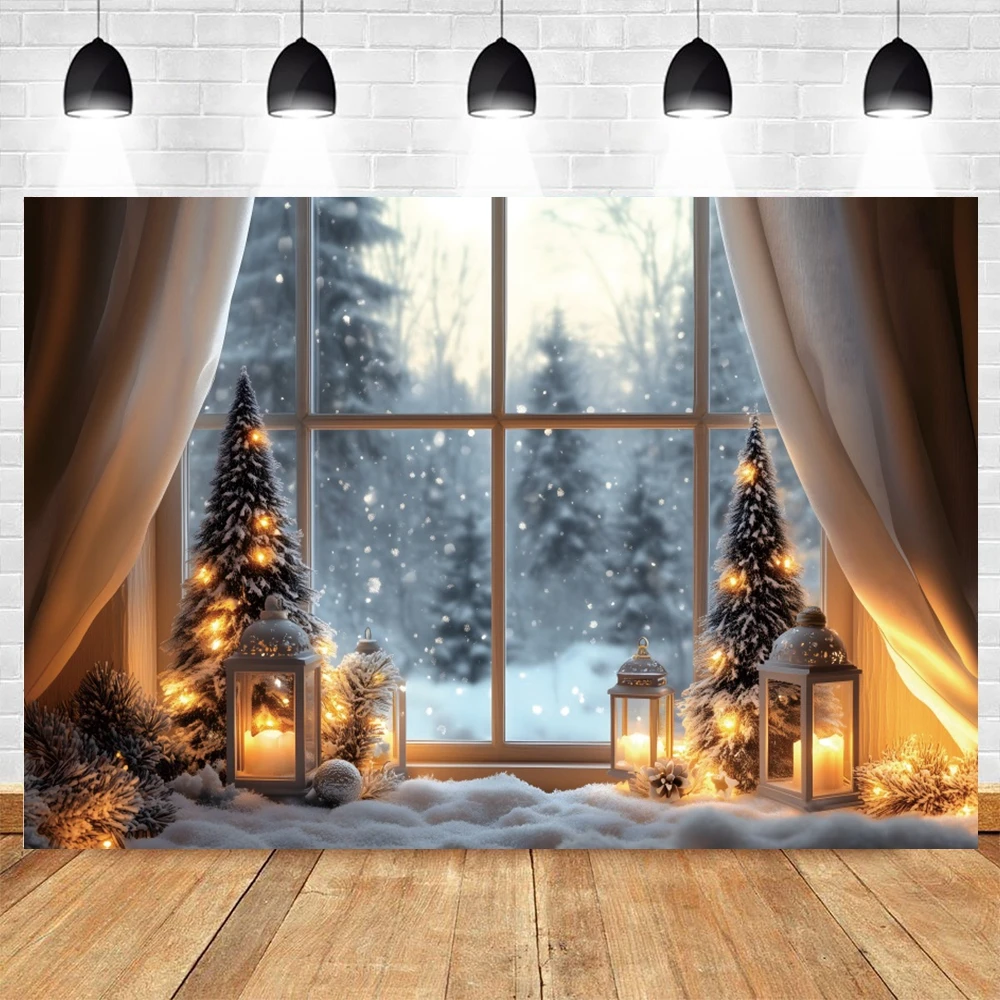Winter Christmas Tree Backdrop Photography Window Forest Scene Party Decoration Kids Family Portrait Background Photobooth Props