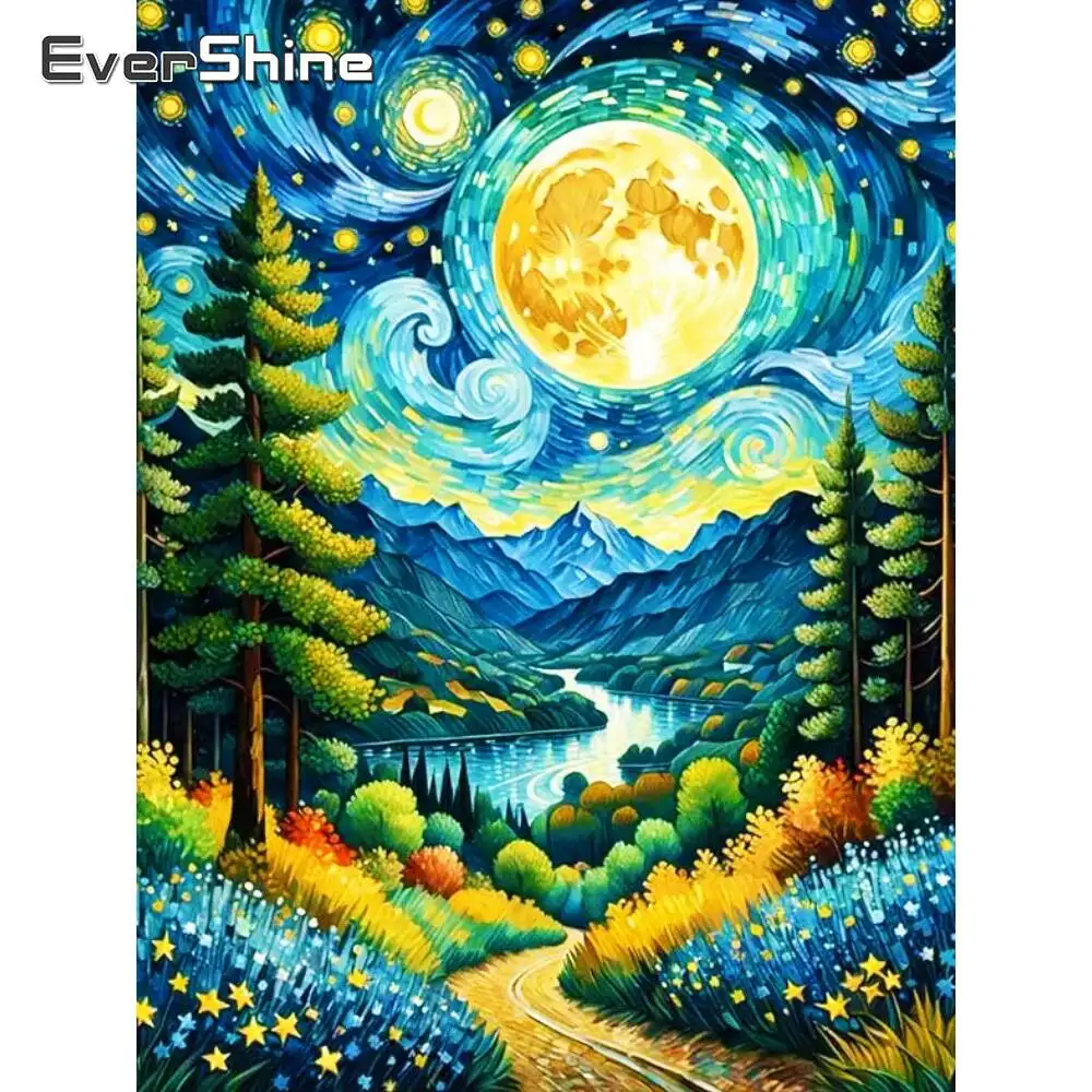 Evershine Vollquadrat Rundes Diamantgemälde Sternenhimmel Abstrakte Landschaft Mond Neuankömmling Baum Diamant Mosaik Bergfluss