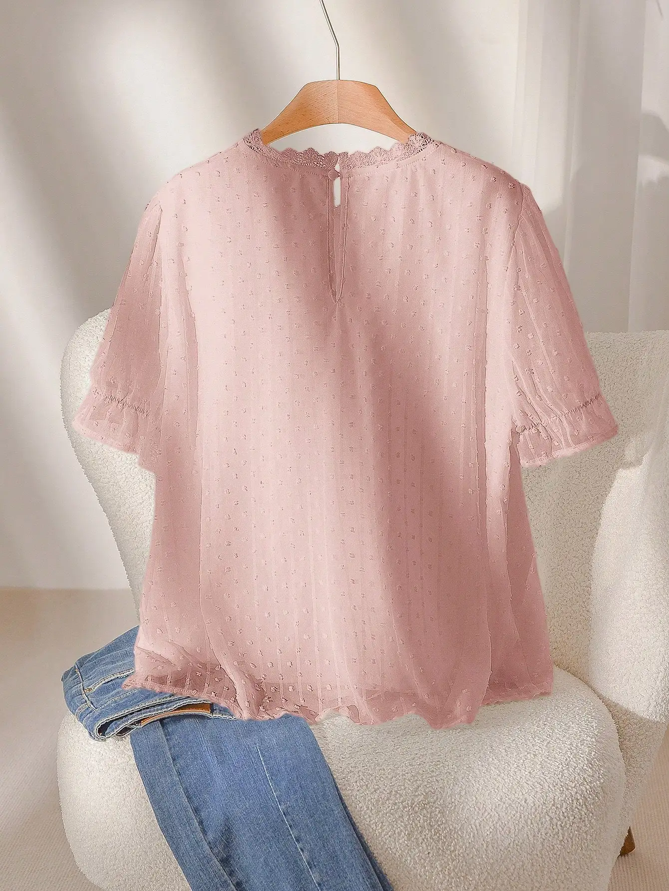 

Elegant Chiffon Lace Blouse For Women Loose Fit Short Sleeve Spring Summer