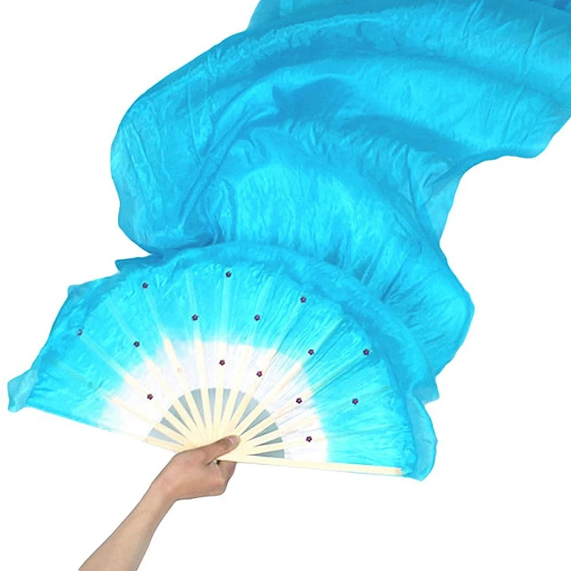 Chinês meio círculo dança do ventre fã, bambu SilkVeil pares, corante de mão para adultos, longo Bellydance fã, venda quente