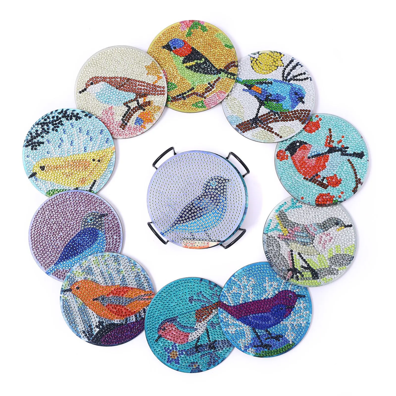 

Hot Selling10 Pcs Of Small Bird Handmade DIY Round Wooden Spot Drill Heat Insulation Anti Slip Coaster With Bracket