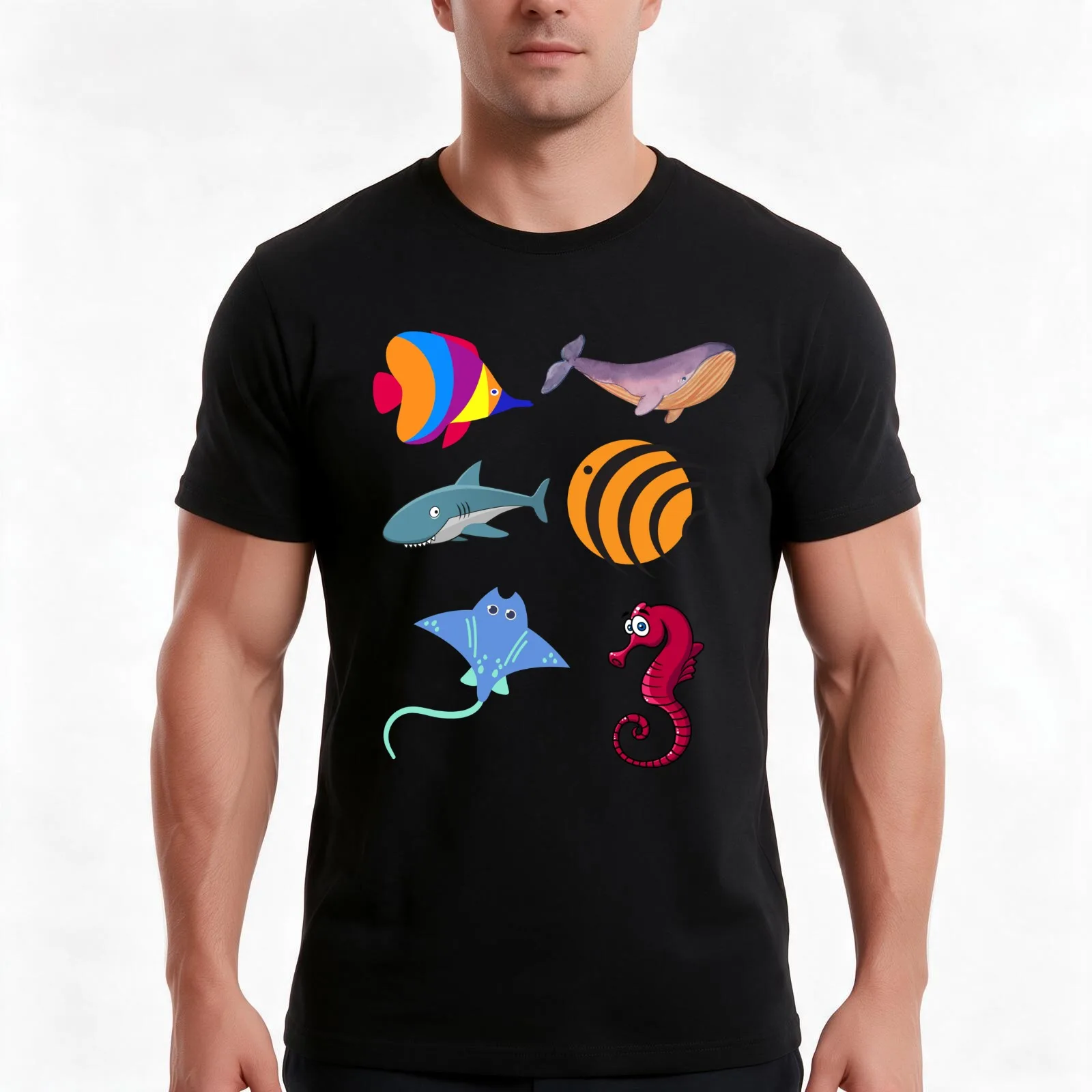cute deep sea creatures T-Shirt, Summer Casual Cotton Tee, Oversized Streetwear Tops, Vintage Graphic Print, Unisex Men Women