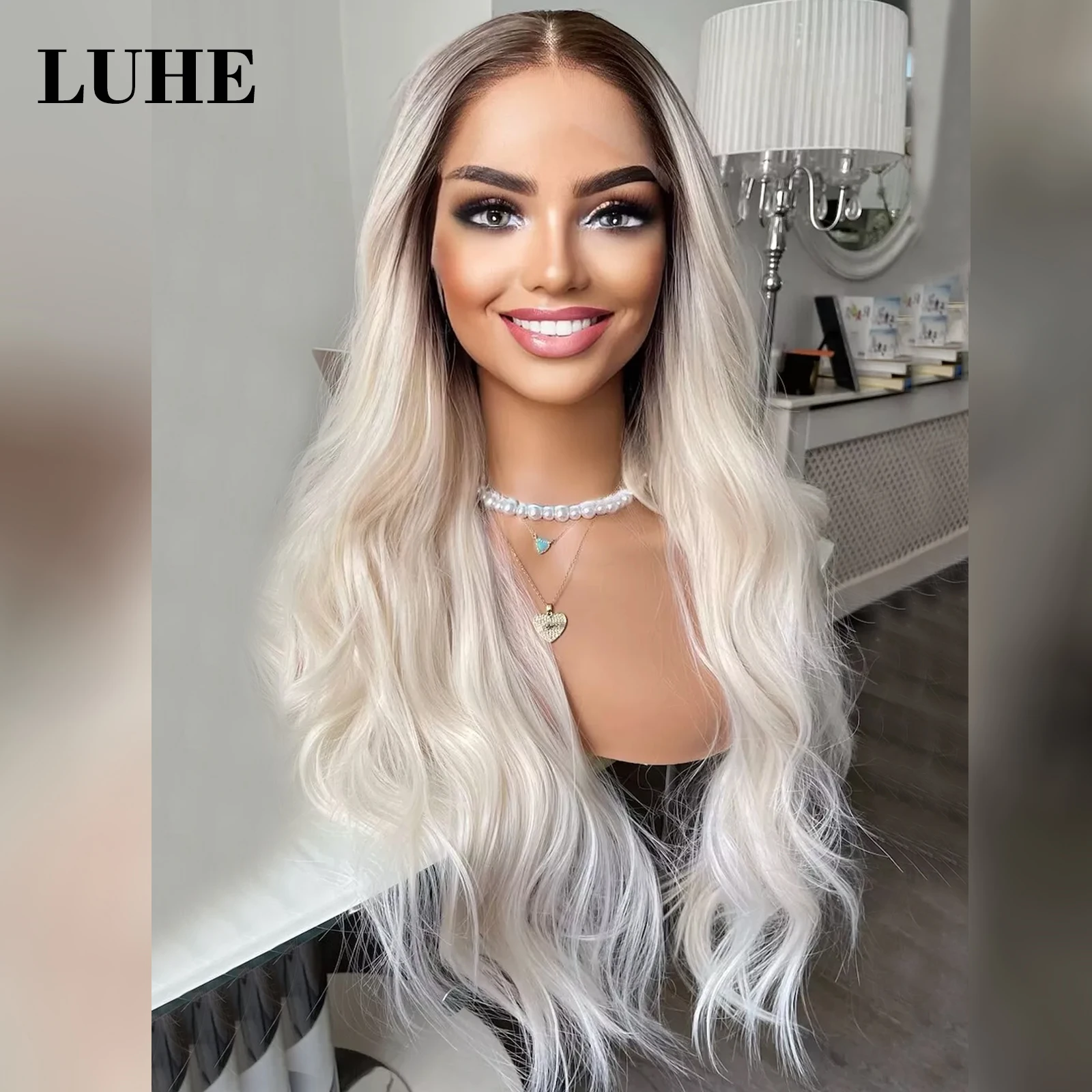 Long Wave Platinum Ombre Blonde Dark Roots Colored Wig 13x3 Lace Front Wigs for Women Natural Wavy Lace Frontal Wig Daily Use