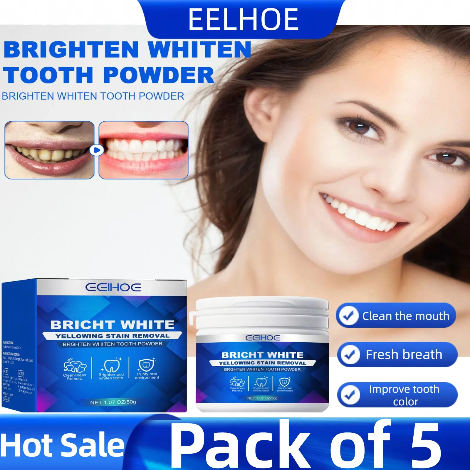 5pcs Teeth Cleaning Powder Teeth Whitening Powder Removling Teeth Stains Refreshing Breath Strengthening Gums Oral Care Products