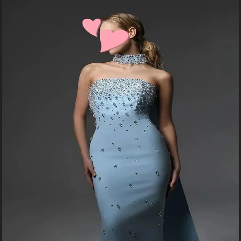 Azul halter sem alças strass vestido de baile sereia até o chão vestidos de noiva personalizado elegante sem mangas formal