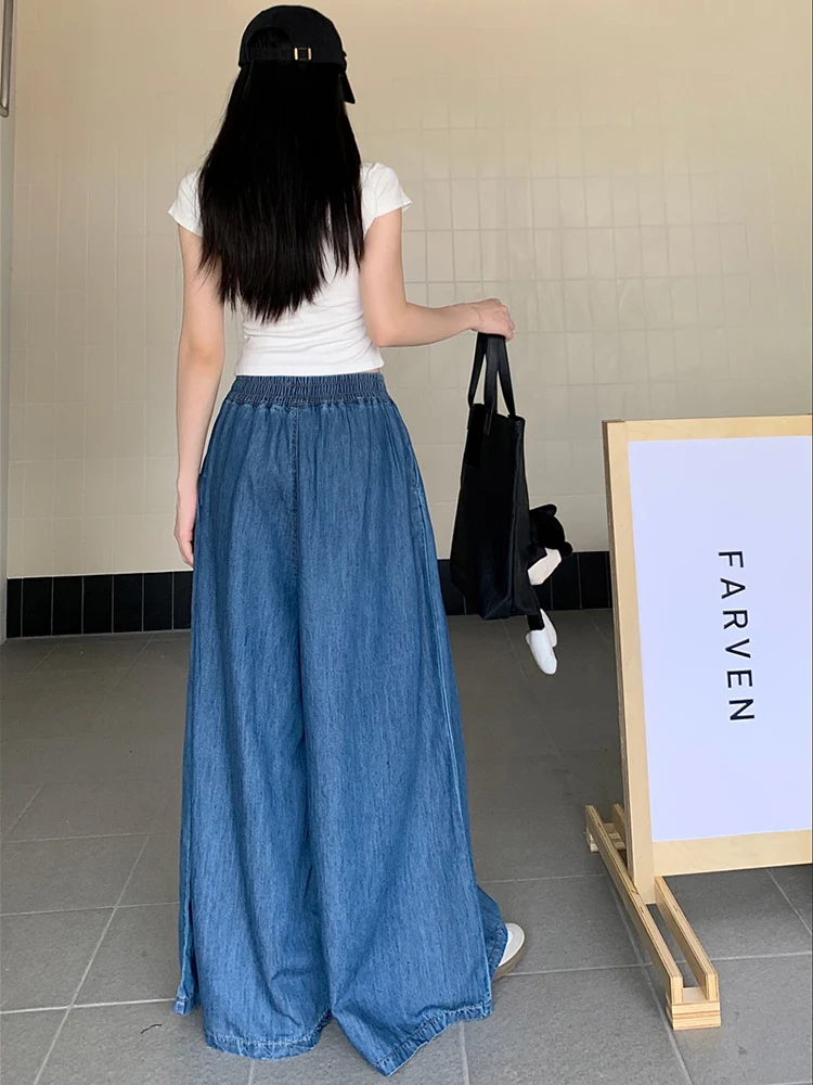 2024 Summer Fashion Denim Wide Pants Womens Loose Jeans Ladies Leisure Vintage Elastic Waist Trouser