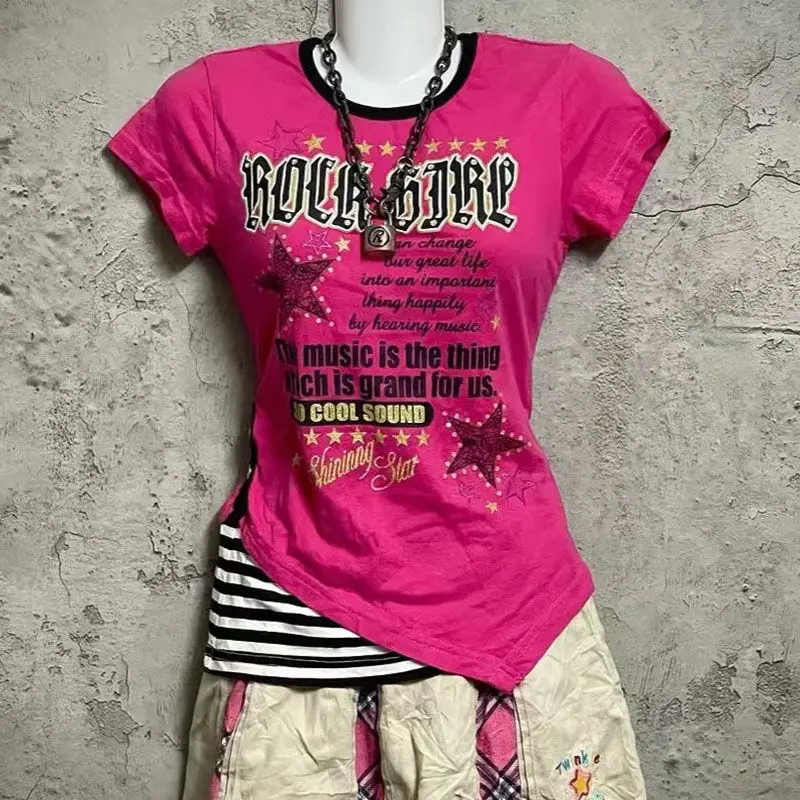 Punk Gothic T shirt Summer Women Clothes Vintage Pink Letter Streetwear 90s Crop Top Short sleeve Korea Hip Hop Tees Y2k Tops