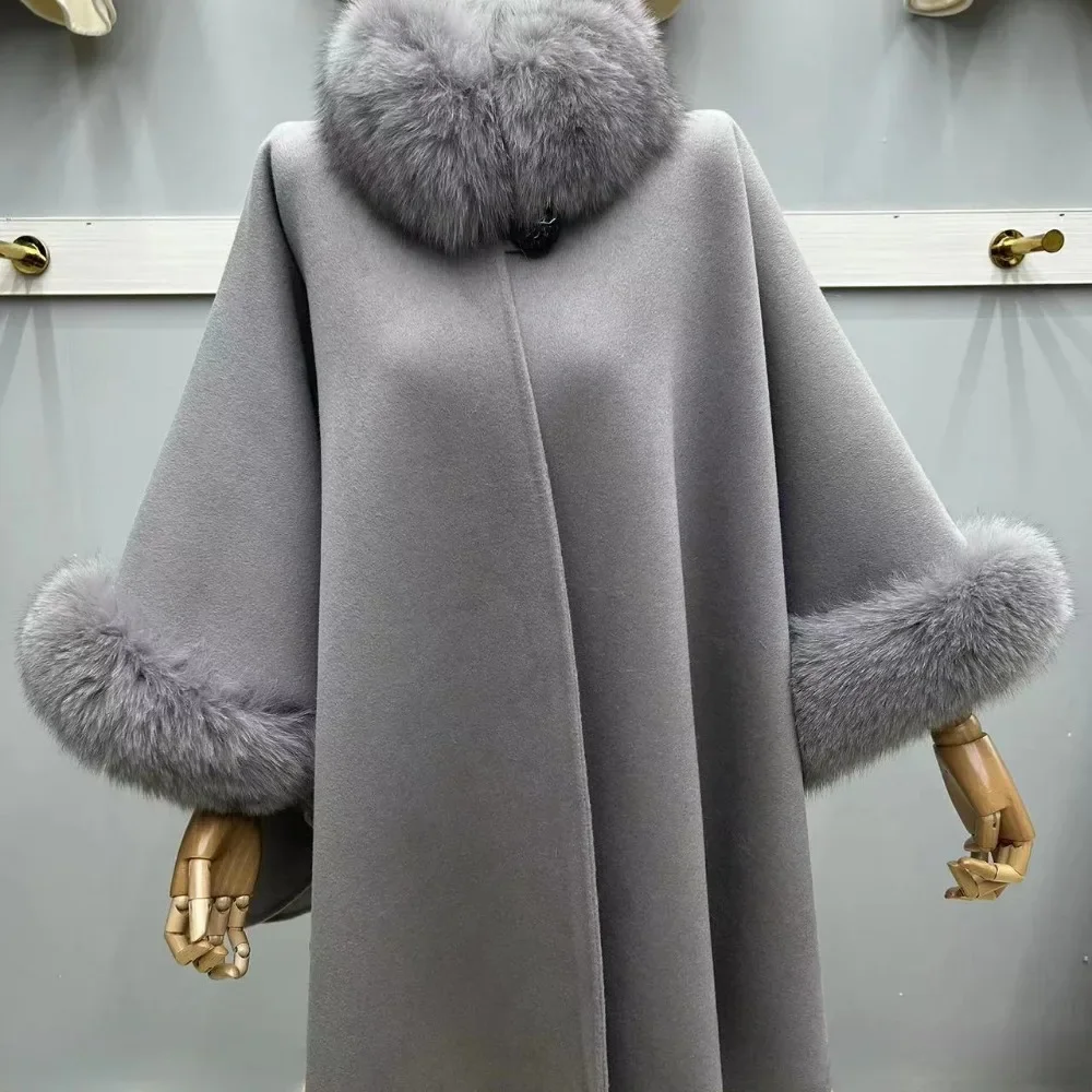 Manteau en fourrure de renard naturel pour femme, col en fourrure de renard naturel, poignets, manches évasées, laine, luxe, veste d'hiver, nouveau, 2024