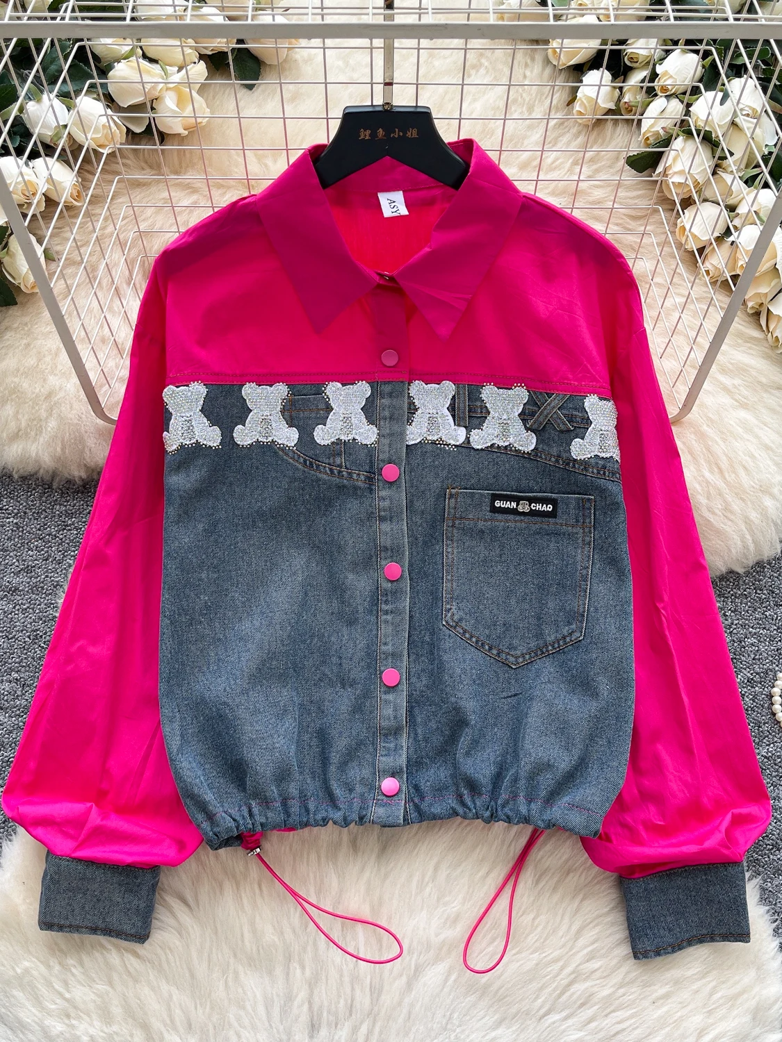 Faionable brodé couleur Blo Long Sve femmes Jaet automne polyvalent respirant coréen Sle Polyester Fiber irt