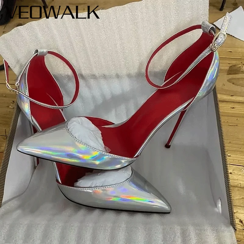 

Veowalk 12cm Silver Patent Leather Ankle Strap Stiletto Heels for Women Red Sole Pointed-Toe D'Orsay Pumps Elegant Party/Wedding