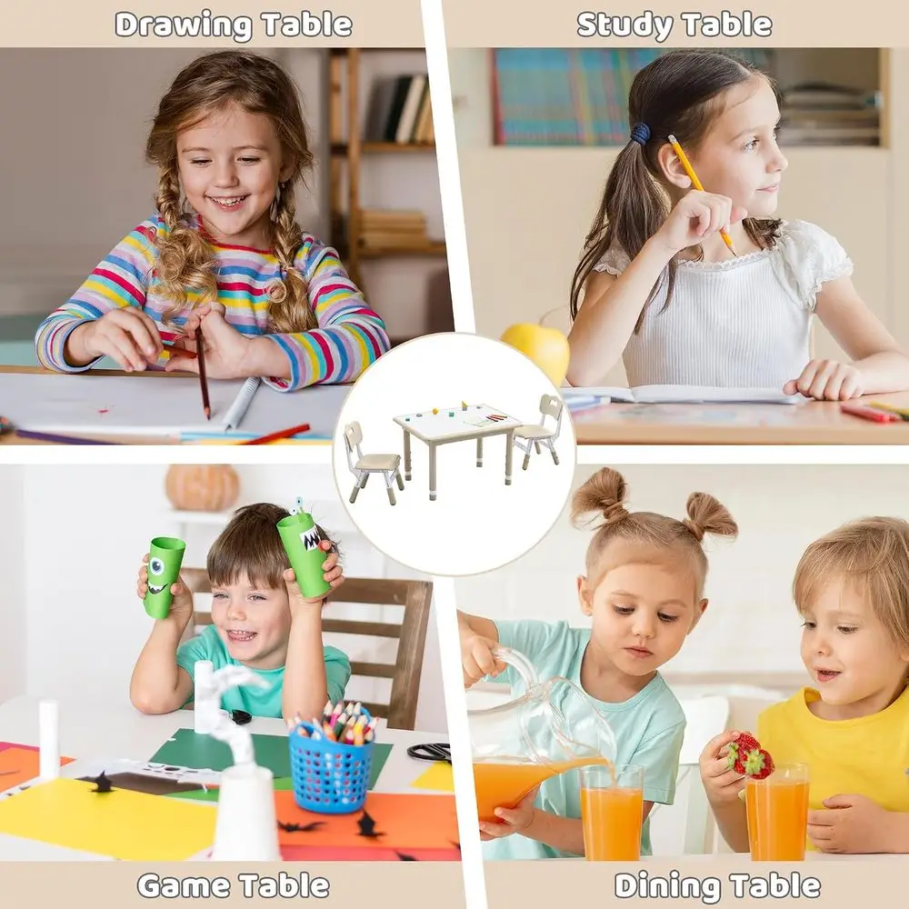Kids Table and 4 Chairs Set, Height Adjustable (17.7"-26.1") Toddler Table and Chair Set, Multi-Activity Table with Graiti Deskt view 6