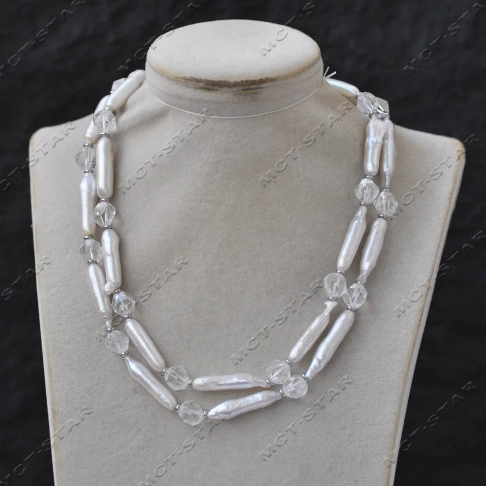 

MCT·STAR 34" 30mm White Cylindrical Freshwater Pearl Real Clean Faceted Crystal Necklace CZ (Z14202)