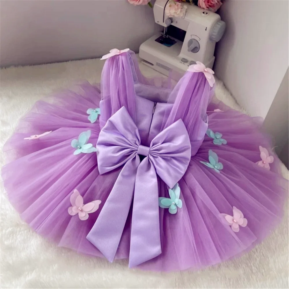 Vestidos De Menina De Flor Roxa Com Arco, Tule Roxo, Borboleta Colorida, Festa De Casamento, Presente De Aniversário, Vestidos De Primeira Comunhão Sagrada