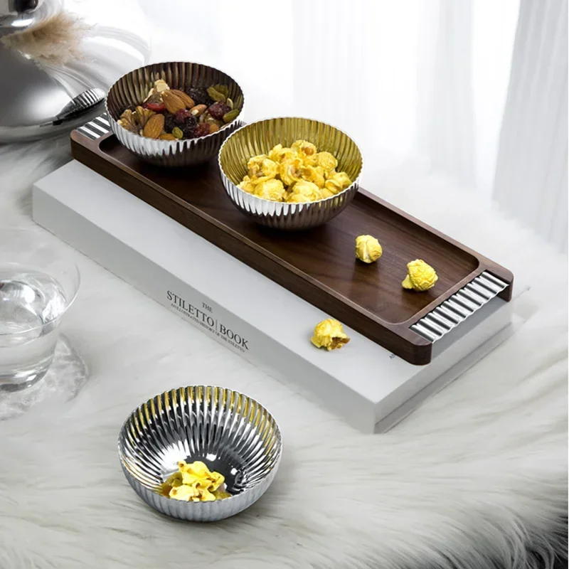 Luxury Walnut Stainless Steel Dessert Bowl, Three Grid Striped Metal Snacks, Fruits, Nut Plate, Kitchen Storage Box, Home Decor